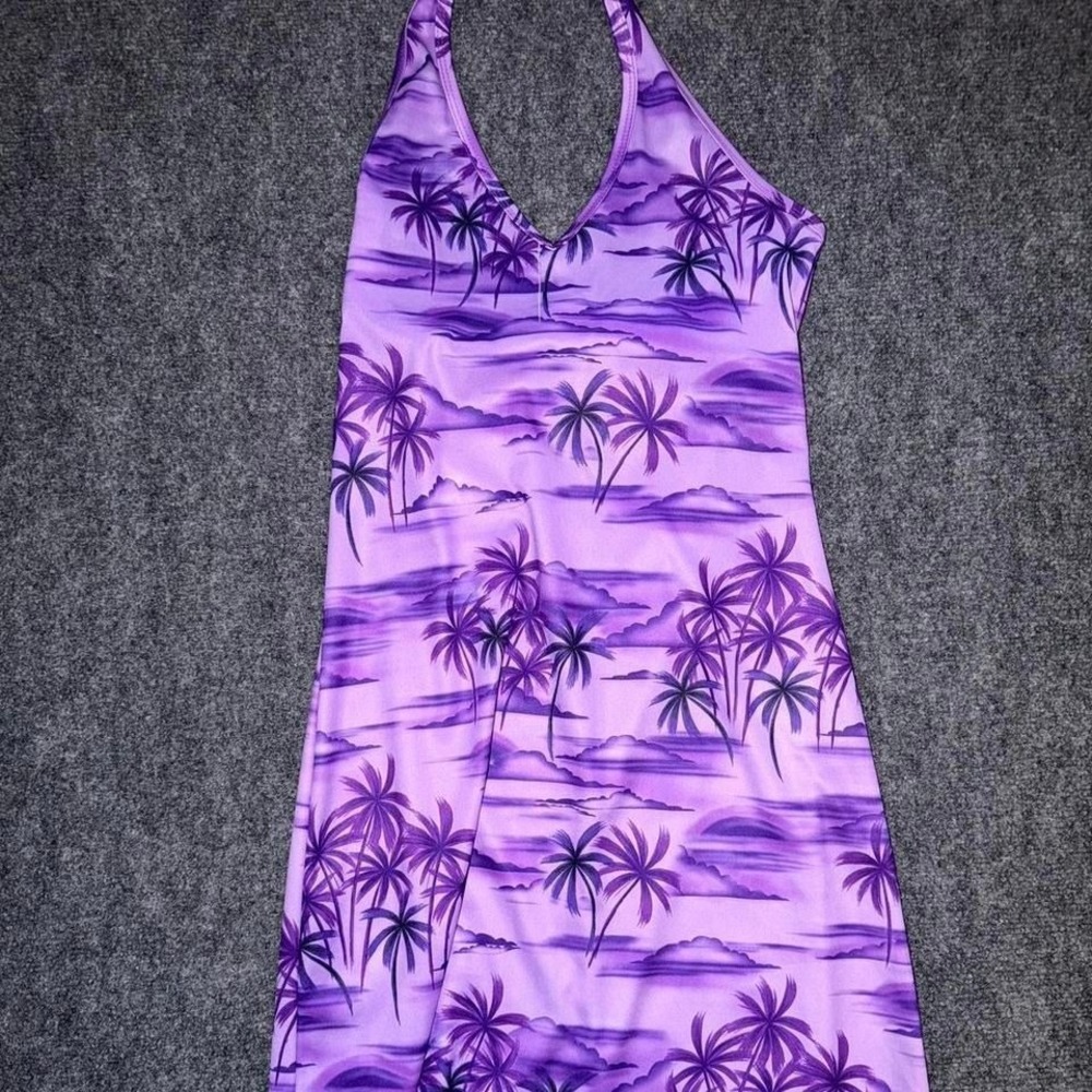 Y2K purple tropical halter mini dress palm tree print Spoiled Girl Vintage